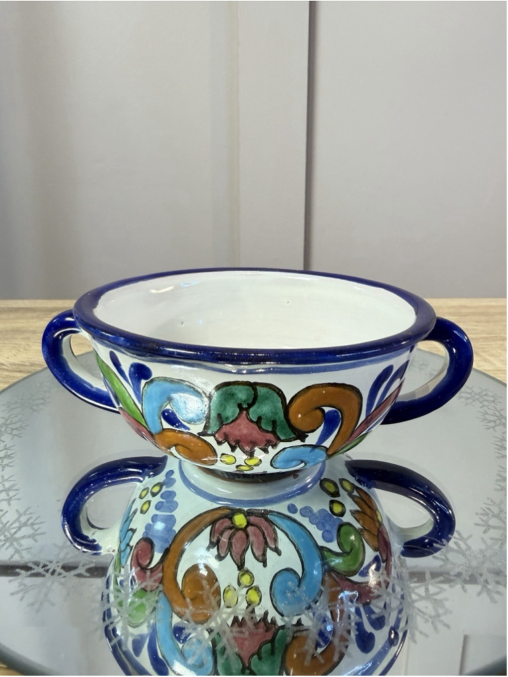 Vintage Mexican Talavera Bowl – Hand-Painted Folk Art, Artist Signed 4.5”